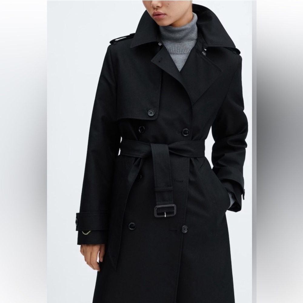 MANGO MNG BLACK CLASSIC TRENCH COAT WITH BELT SZ M MEDIUM WATER REPELLENT NWOT